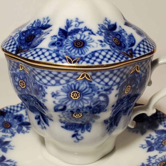 Lomonosov Teacup Saucer and Lid Blue Flowers Net Russia - Picture 3 of 9